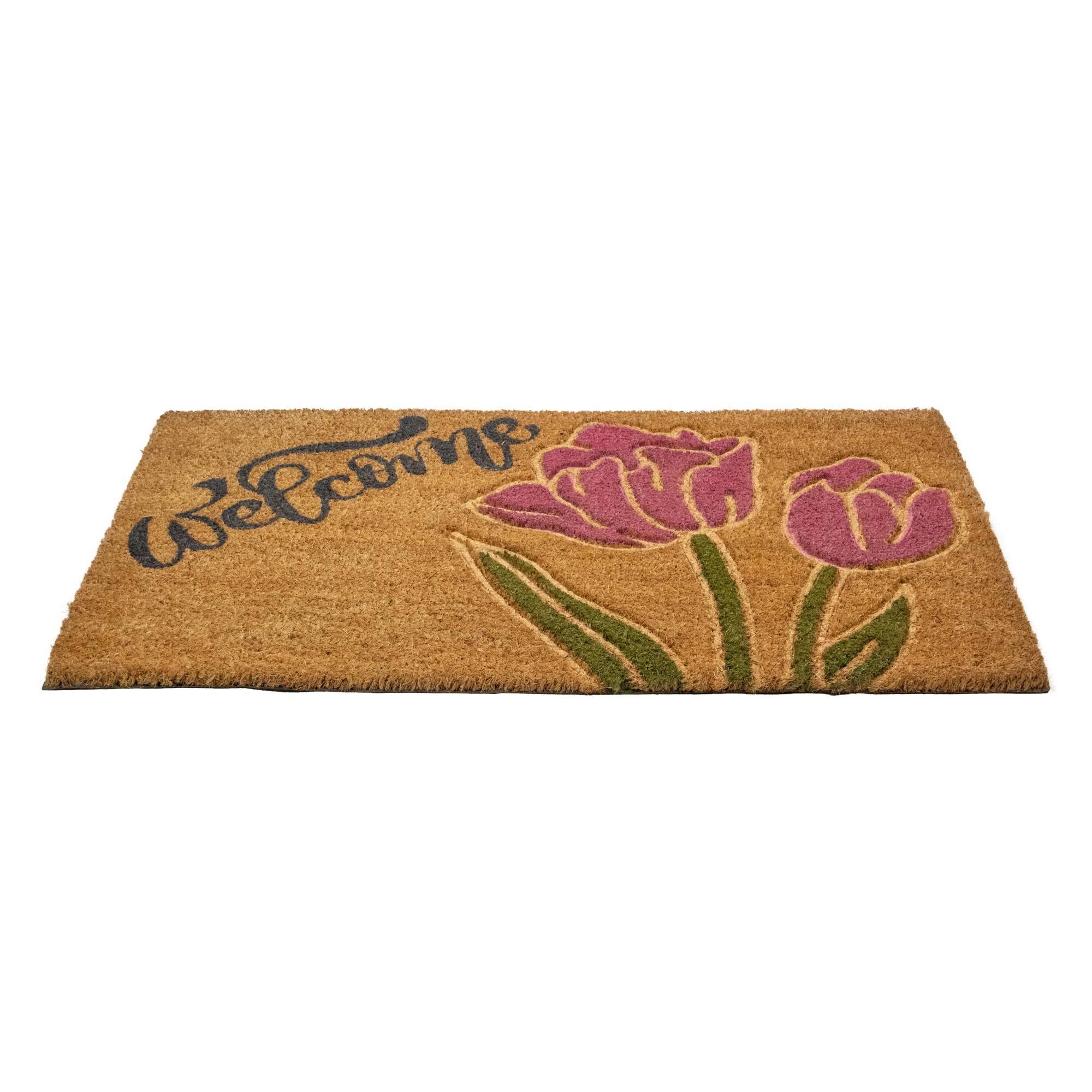 18" x 30" Natural Coir Floral Rectangular "Welcome" Doormat